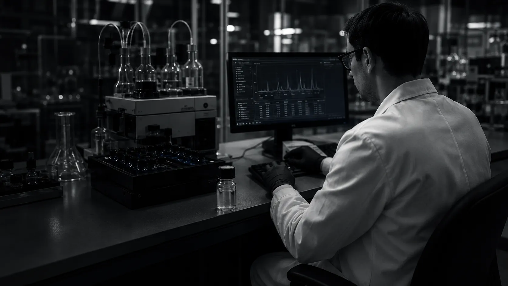 Scientist reviewing assay data